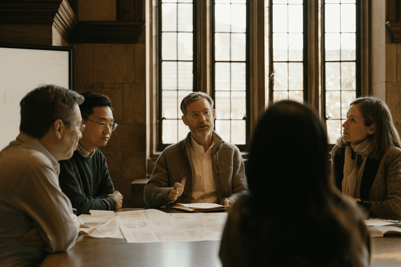 Multidisciplinary group of physicians and researchers in conversation — Aeternus framed as a research-grade longevity institution rather than a clinic.
