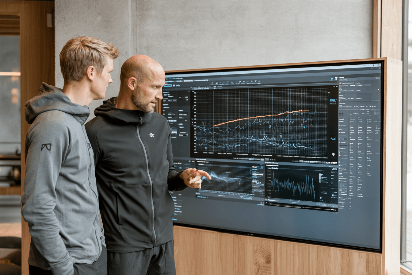 Elite athlete and performance coach standing side by side — discipline, methodology and assessment-led program design over lifestyle fitness gloss.