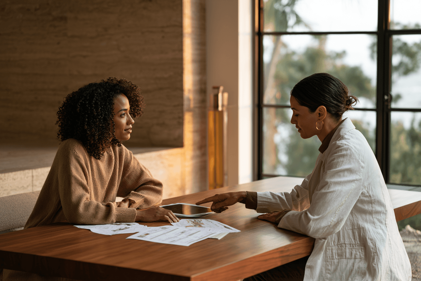 Regenerative medicine consultation — physician in a quiet, editorial setting. Medical authority delivered with the discretion of a private members studio rather than the language of a clinic.