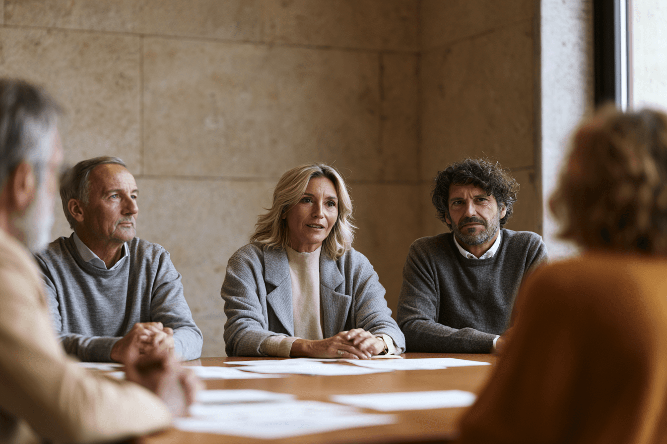 Multidisciplinary group of five physicians and researchers in conversation — framing Aeternus as a research-grade institution, not a clinic.