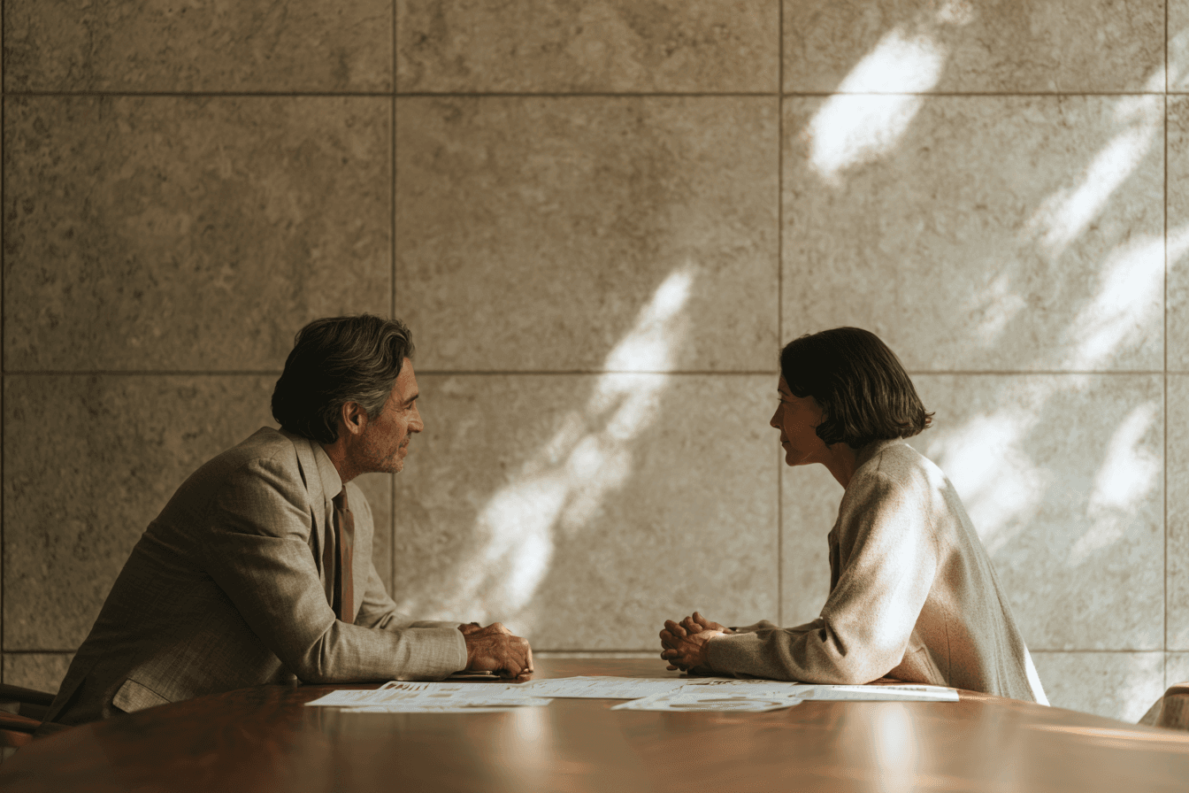 Male longevity physician and a healthy patient in conversation — clinical authority delivered with the hospitality of arrival, not the formality of admission.