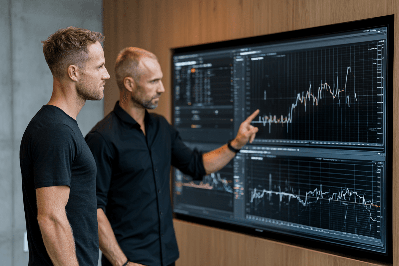 Elite athlete and performance coach standing side by side after an assessment — methodology and measurable outcomes, not lifestyle fitness gloss.