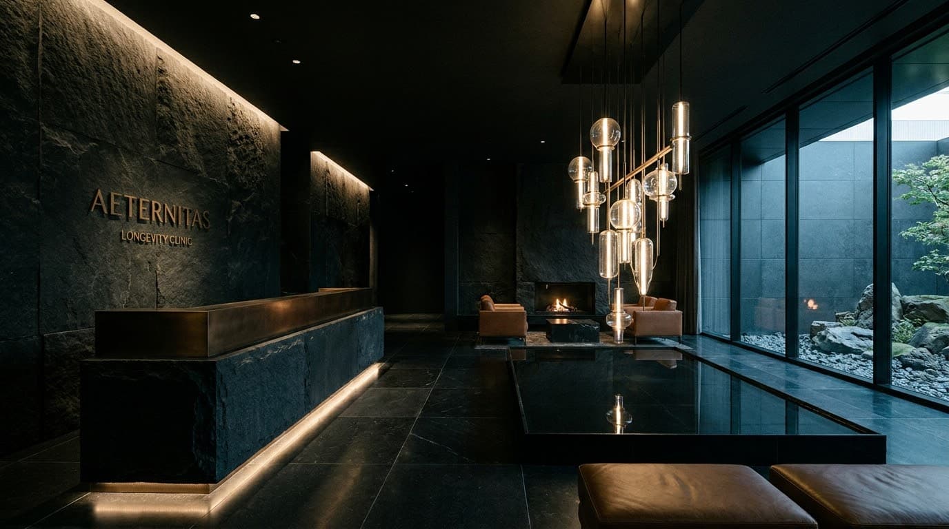 Cinematic, high-contrast interior of a futuristic medical laboratory with minimalist charcoal stone surfaces and warm, surgical-grade accent lighting.