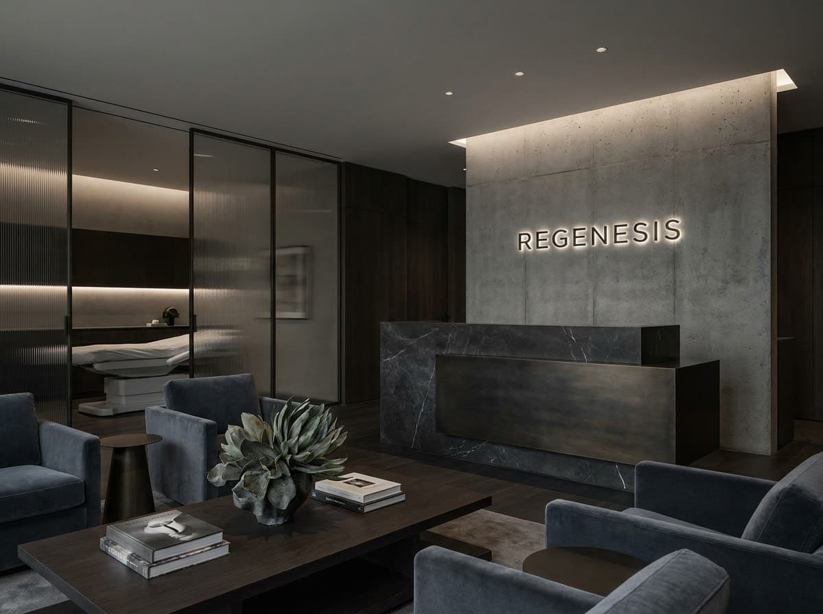 Refined aesthetics studio with fluted glass partitions, warm indirect lighting, and a solid dark-marble reception desk against textured concrete.